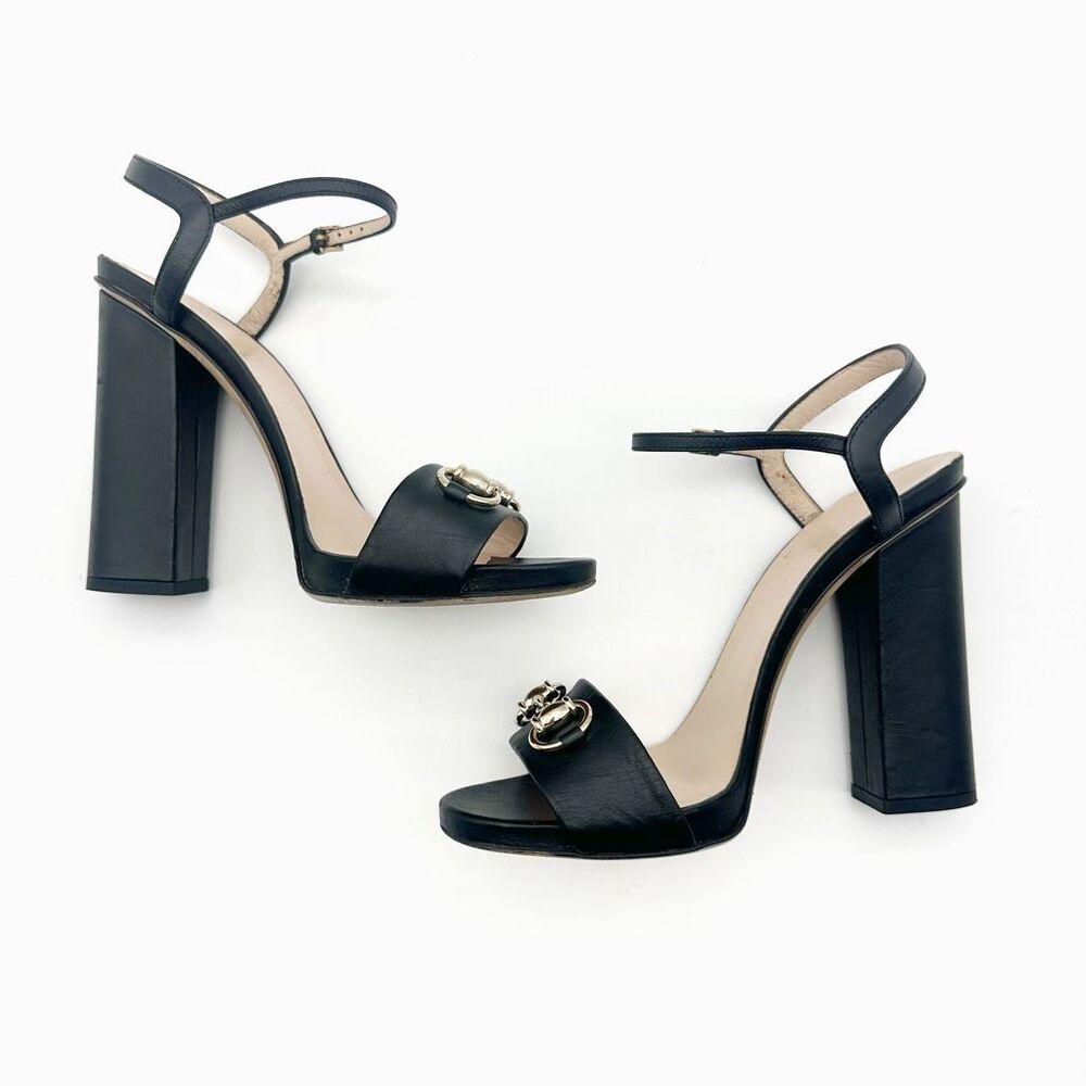 GUCCI Horsebit Black Leather Heeled Sandal Size 38 Leather Block Claudie - Picture 9 of 13
